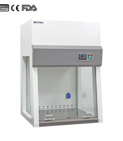 Benchtop Vertical Laminar Flow Cabinet Pre-Filter : Polyester fiber, Washable Cleanliness : Class 100 (ISO Class 5) Collection Efficiency : 0.3um particle ≥ 99.995% HEPA Filter : ≥99.995% efficiency at 0.3μm Wind Speed Range : 0.2-0.5 (m/s) Internal Size (WxDxH)mm : 610x590x625mm Scitek's vertical laminar flow cabinet uses advanced HEPA filters to ensure a sterile environment in the work area.