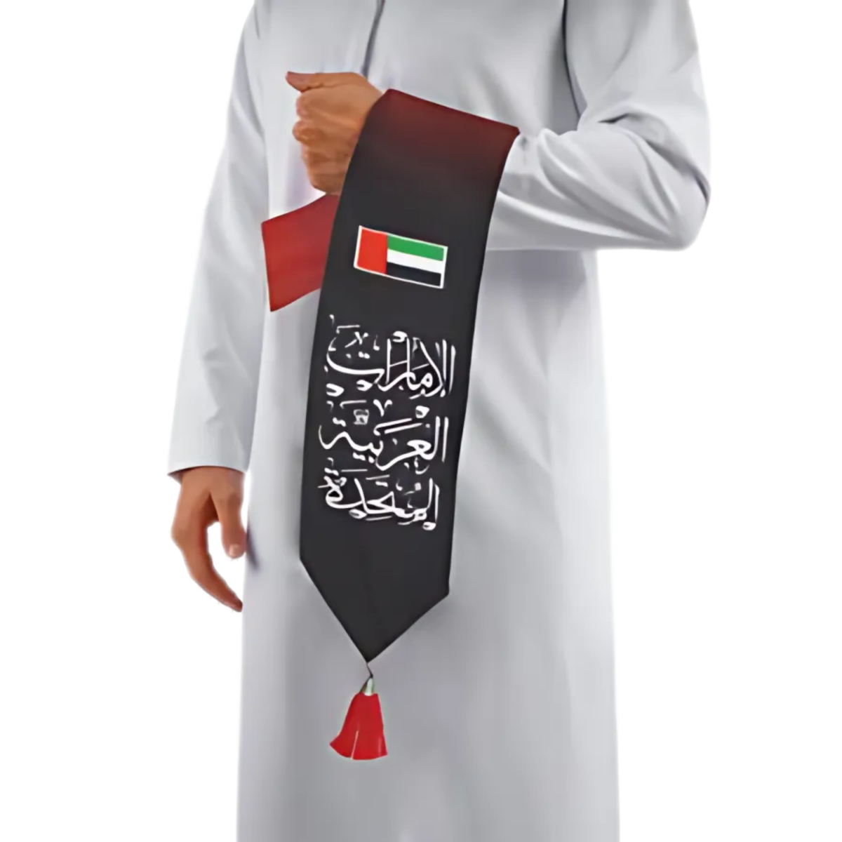 UAE Flag Scarf with Arabic Writing, Red & Green Tassel